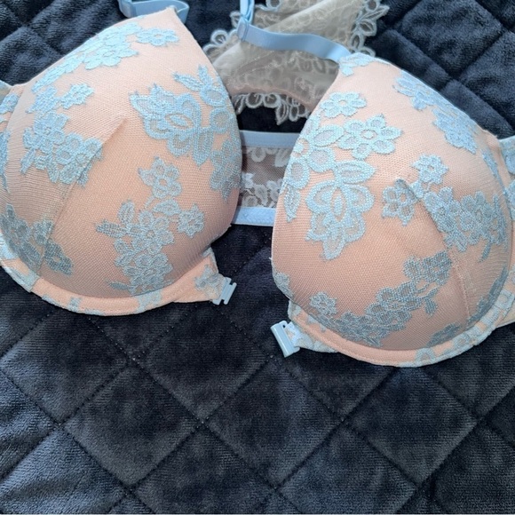 Victoria Secret PINK 32D Bra front closure Padded Push Up Underwired Floral lace - Picture 4 of 6